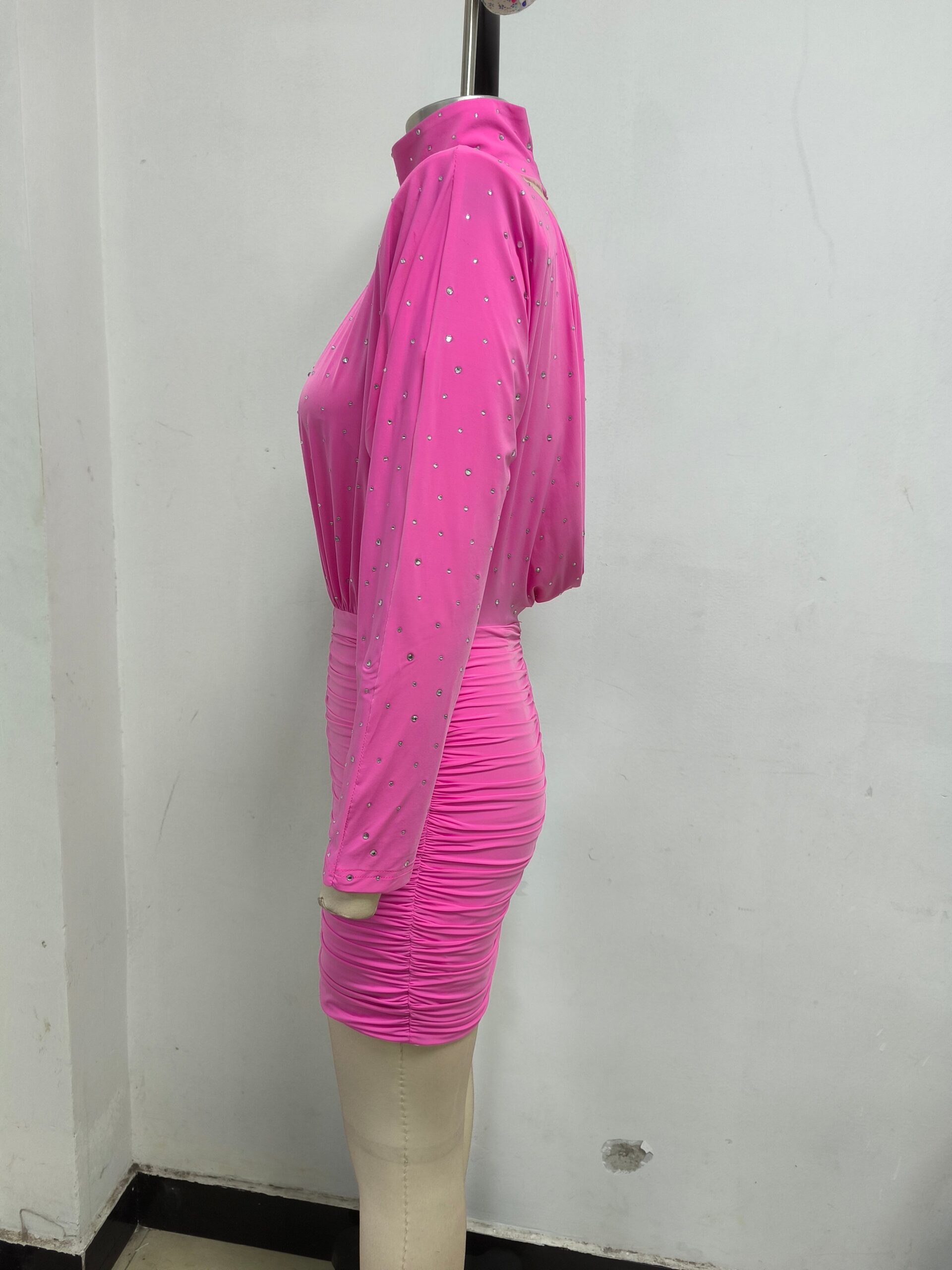 CRYSTAL RUCHED BODYCON MINI DRESS IN PINK