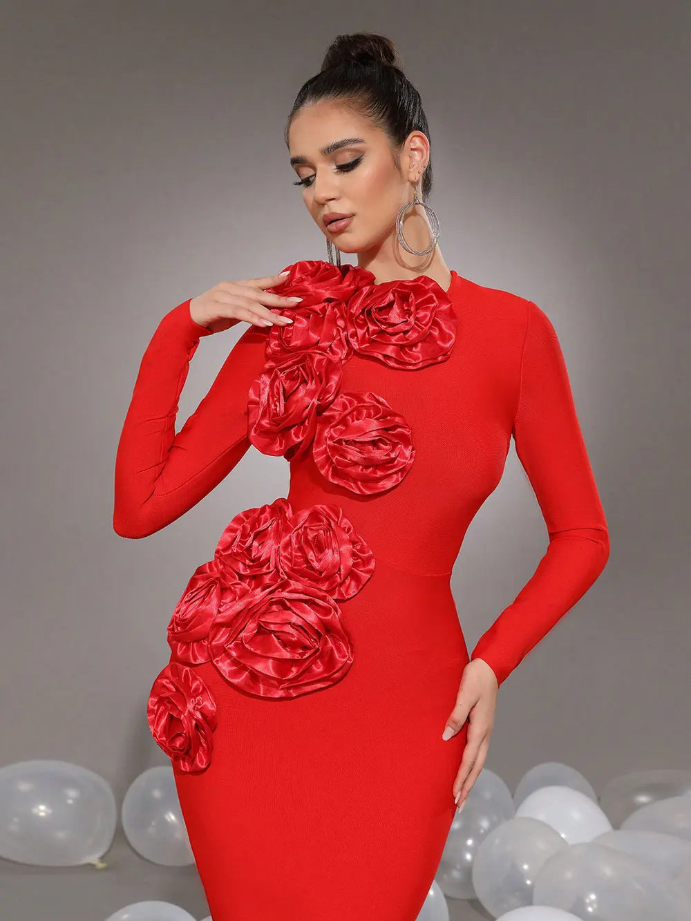 SALLY 3D FLOWER BANDAGE MAXI DRESS RED
