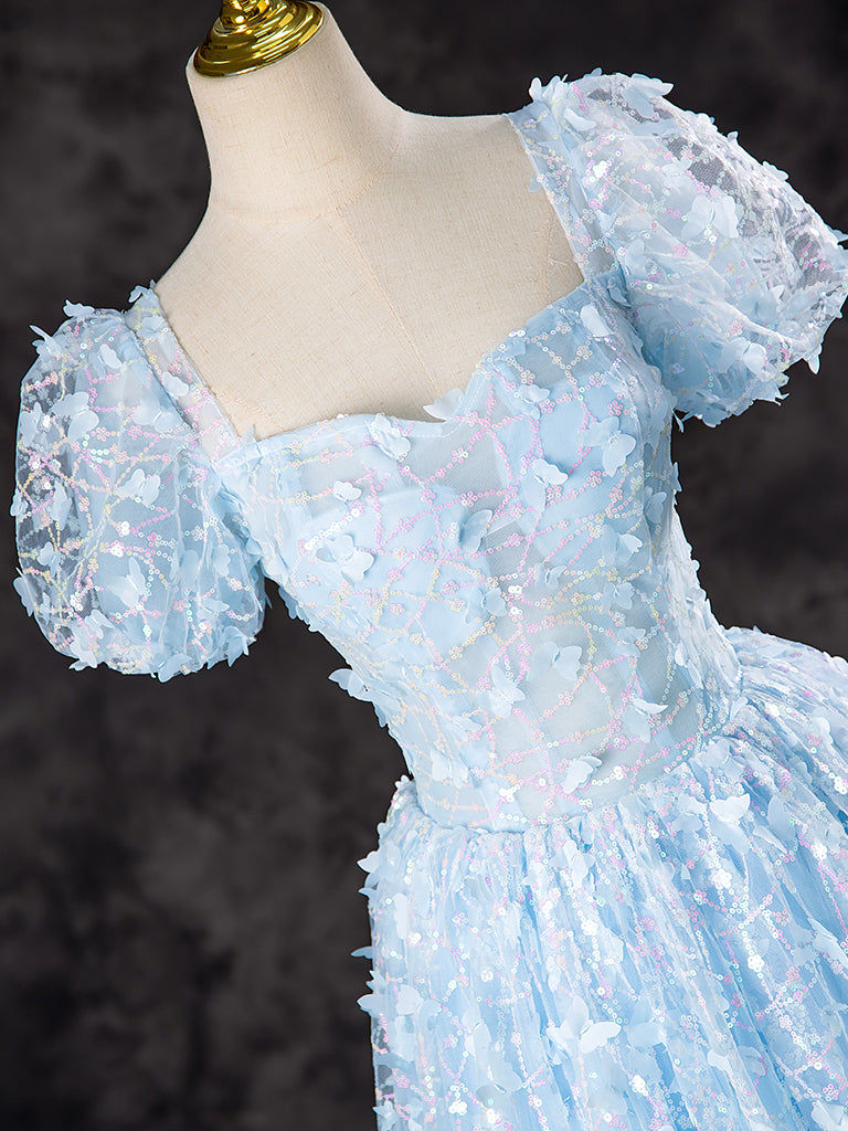 A-LINE TULLE SEQUIN LACE BLUE PROM DRESS