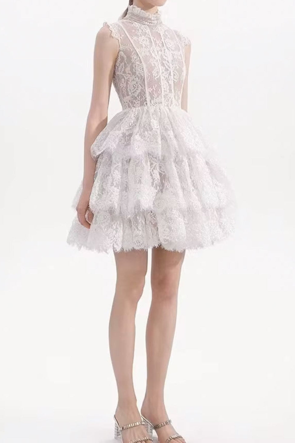523b0c323c1e704e19fa619a455364a9 SLEEVELESS STAND COLLAR LACE TUTU MINI DRESS WHITE