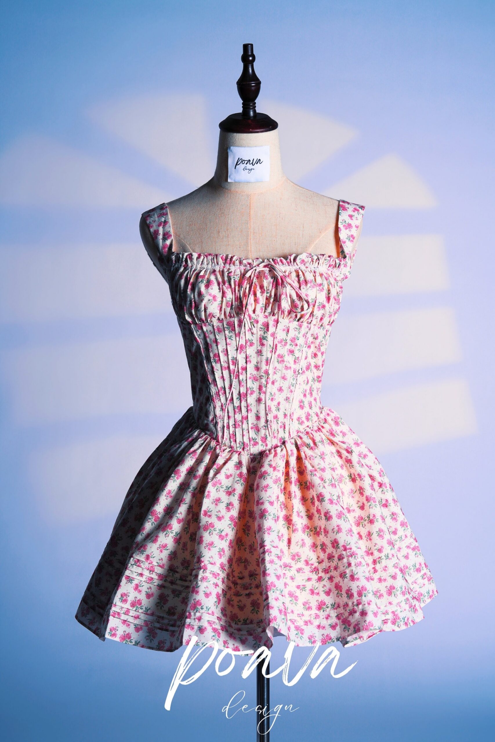 WHITE ROSEBUD PRINT COTTON MINI DRESS