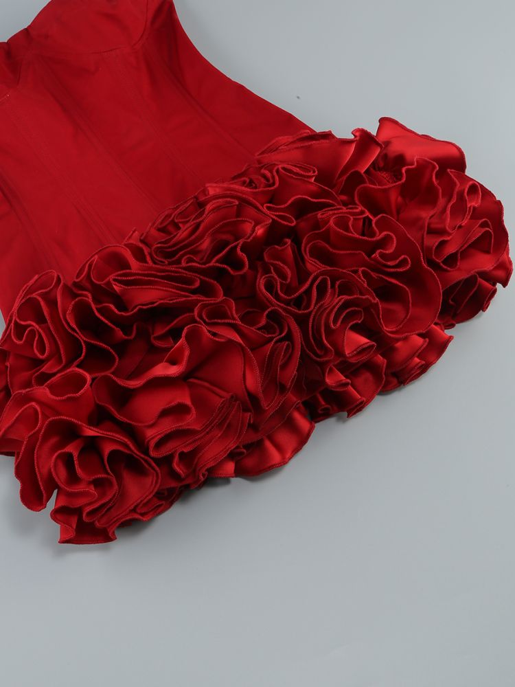 ANGELA STRAPLESS RED MINI DRESS, FLOWER TRIM PARTY