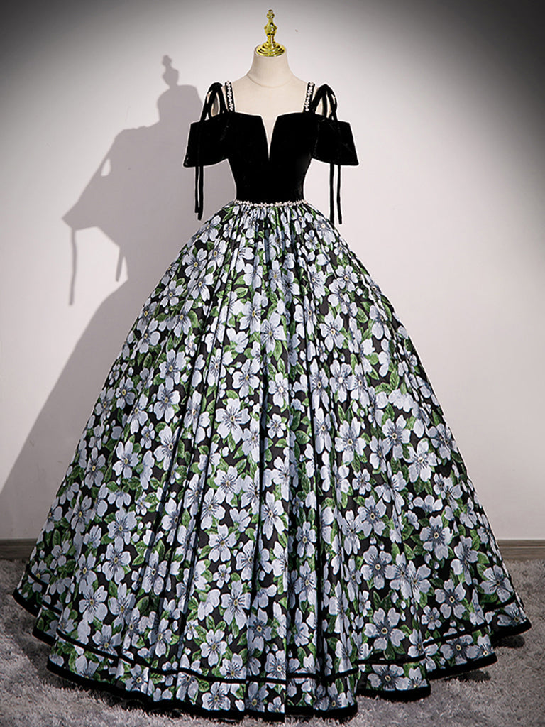 532_e4ce101b-bb81-4281-97b5-f6c70029837a BLACK A-LINE SATIN FLORAL PROM DRESS