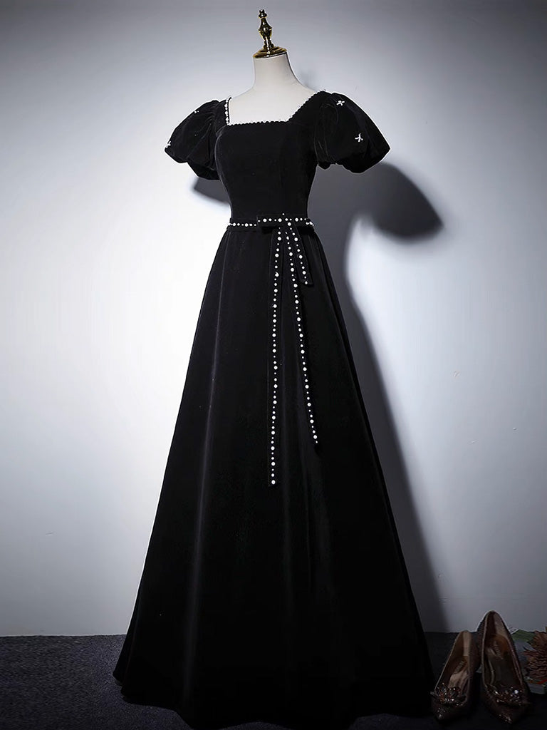 A-LINE VELVET BLACK DRESS FOR EVENING PARTY