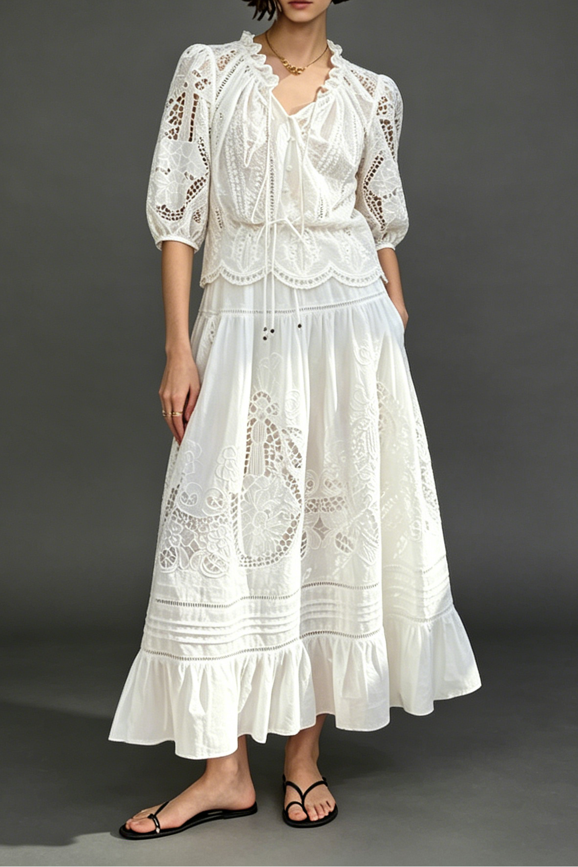 532d1fa613c2fcea915e613b329f78db WHITE EYELET TIERED MAXI DRESS WITH PUFF SLEEVES