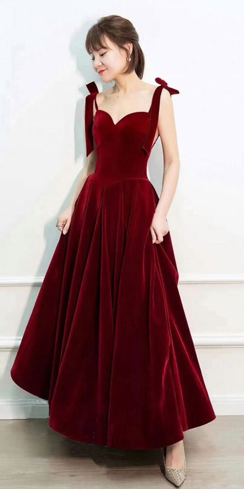 A-Line Velvet Burgundy Dress