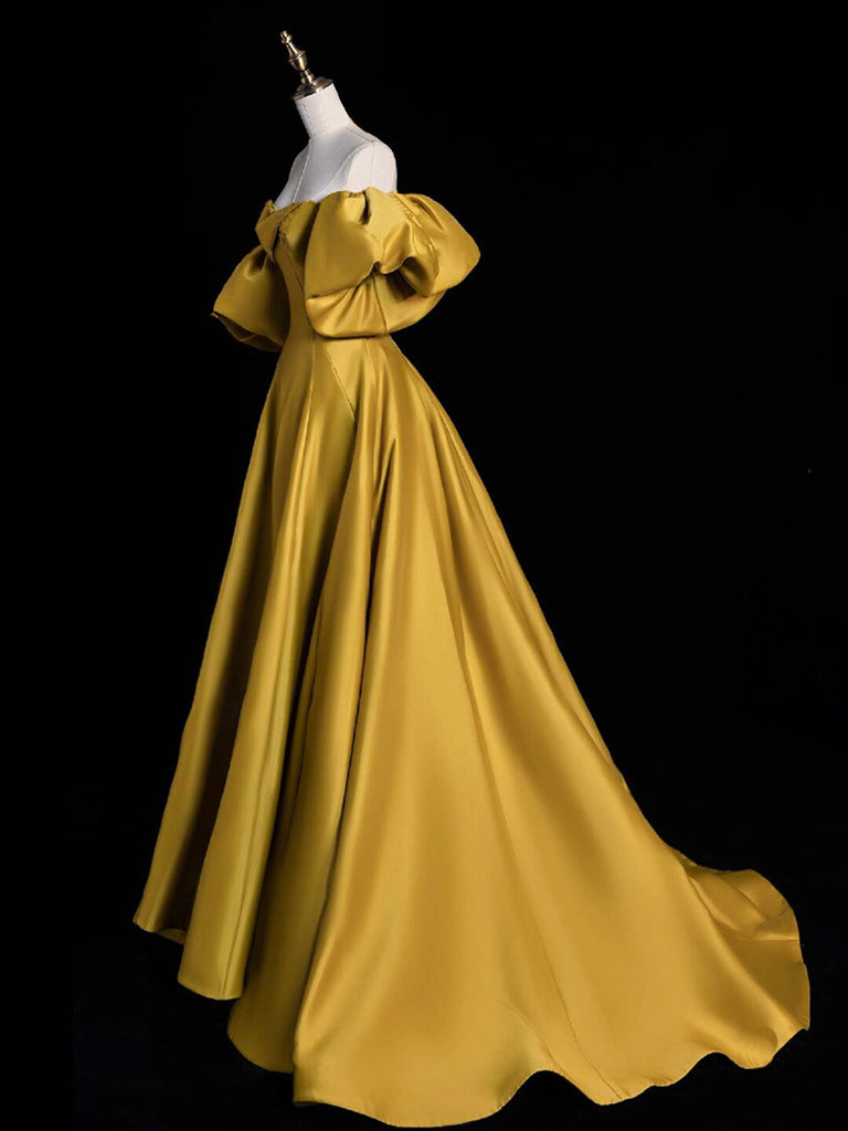 YELLOW A-LINE SATIN MAXI PROM DRESS