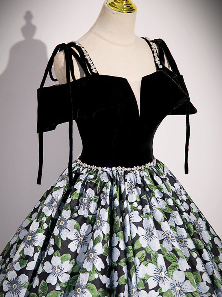 BLACK A-LINE SATIN FLORAL PROM DRESS