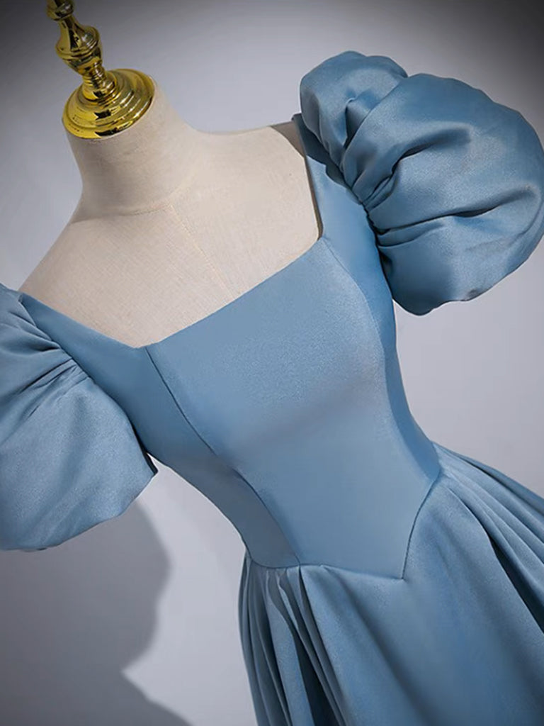 A-LINE SATIN BLUE LONG PROM GOWN