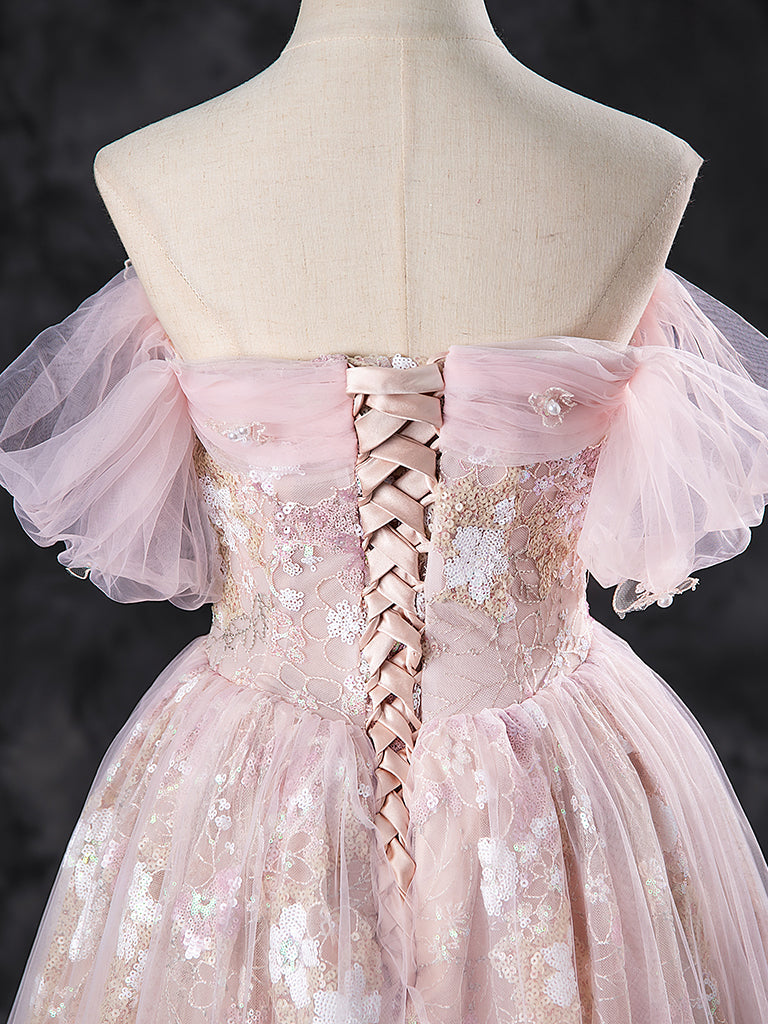 A-LINE OFF SHOULDER PINK PARTY DRESS