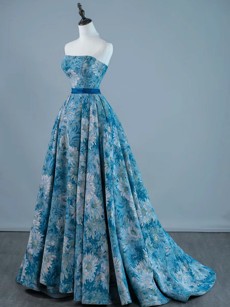 A-LINE BLUE SATIN LONG PROM DRESS