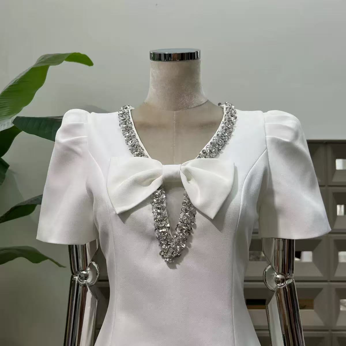 V-NECK DIAMOND CHAIN BOW MINI DRESS IVORY