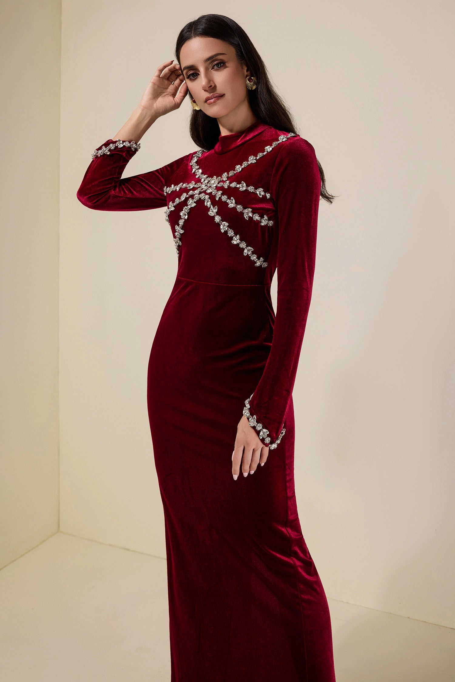 HILARY VELVET RHINESTONE MAXI DRESS - BURGUNDY