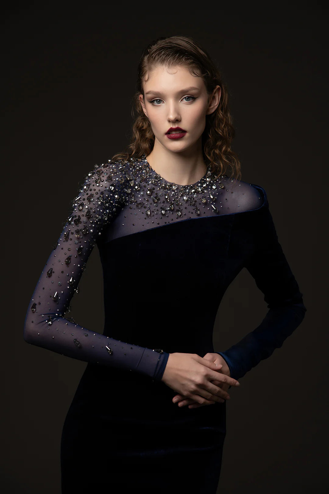 RIVA CRYSTAL VELVET COLUMN MAXI DRESS, DARK BLUE