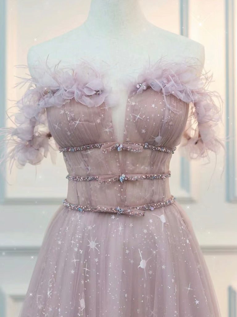 EMBELLISHED A-LINE OFF-SHOULDER TULLE LACE PINK DRESS