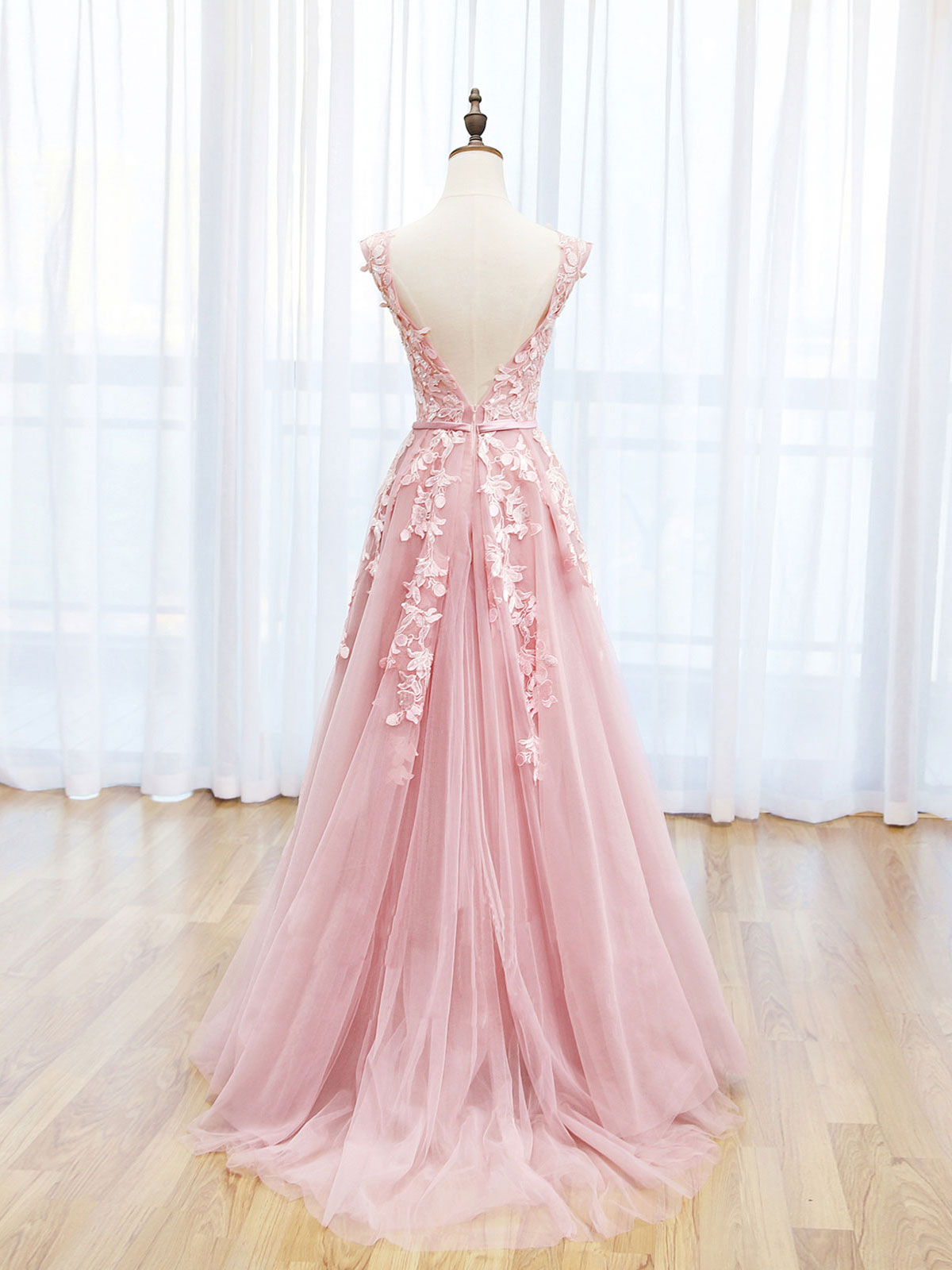 A-LINE PINK LACE FLORAL PARTY DRESS