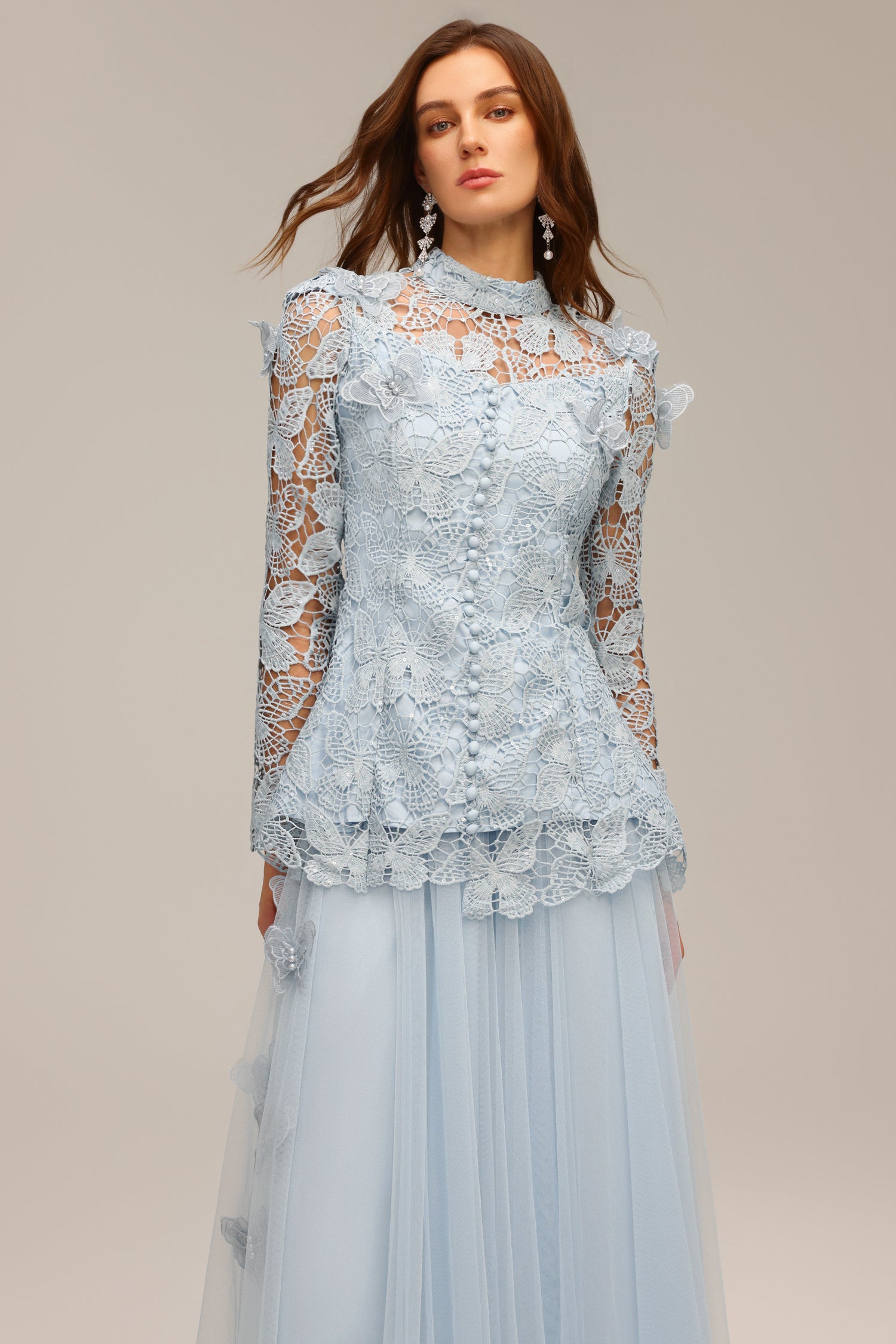 YVETTE BLUE LACE TWO-PIECE SET | LONG SLEEVE BUTTERFLY TOP & SKIRT