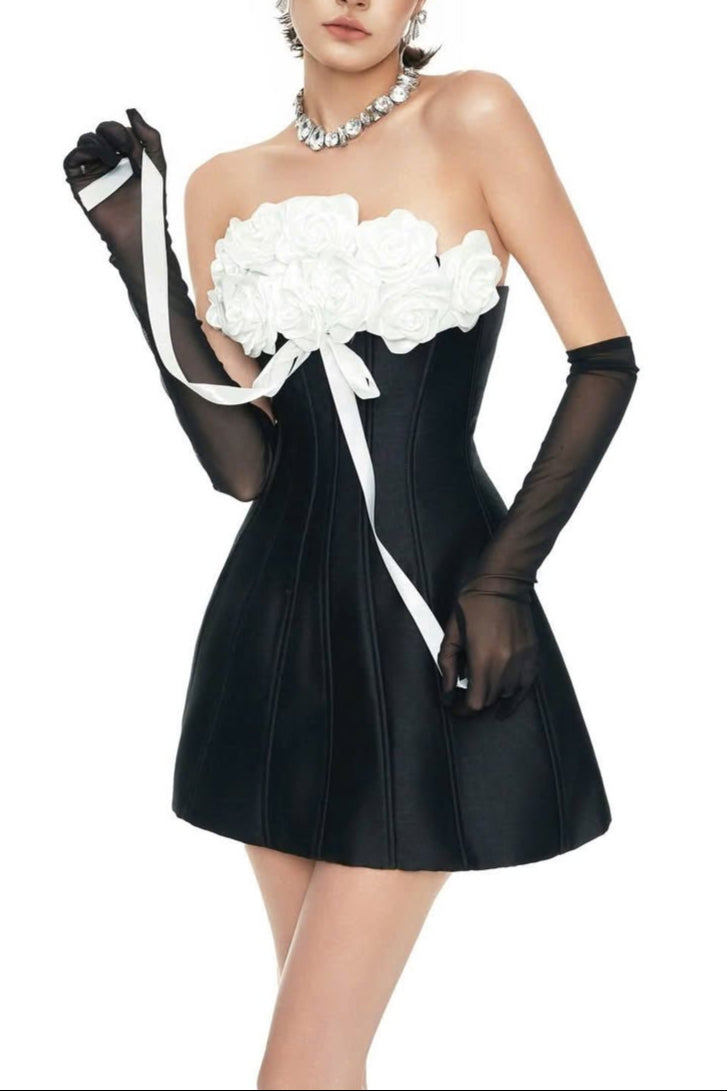 GLADYS STRAPLESS 3D FLORAL CORSET A-LINE DRESS BLACK
