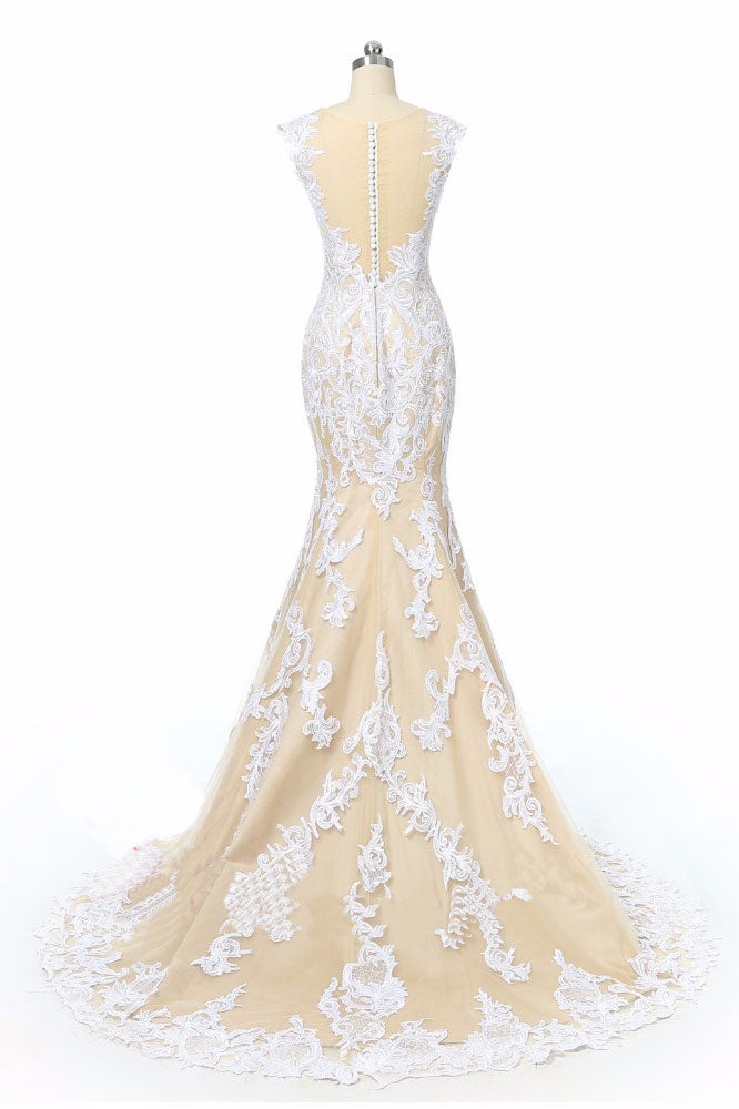 CHAMPAGNE TULLE LACE A-LINE PROM GOWN