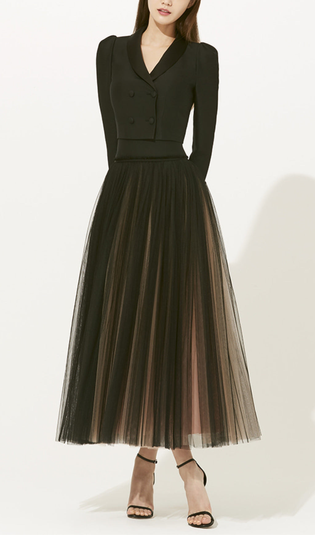DOUBLE-BREASTED BLAZER & WAISTED MESH DRESS SET