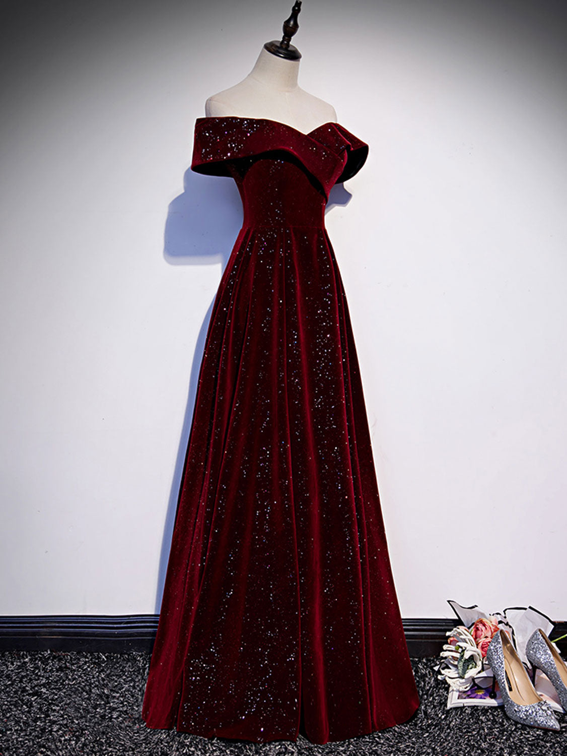 A-LINE OFF SHOULDER VELVET BURGUNDY PROM DRESS