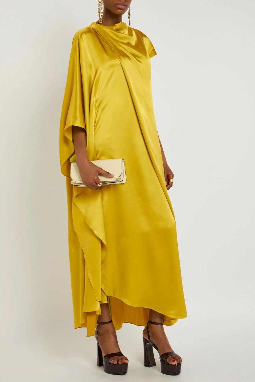 YELLOW SILK DRAPED MAXI DRESS FOR EVENTS