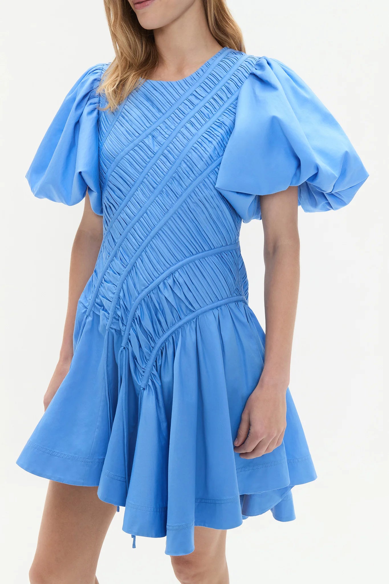 EUDRIA ASYMMETRIC PUFF SLEEVE MINI DRESS IN MIST BLUE