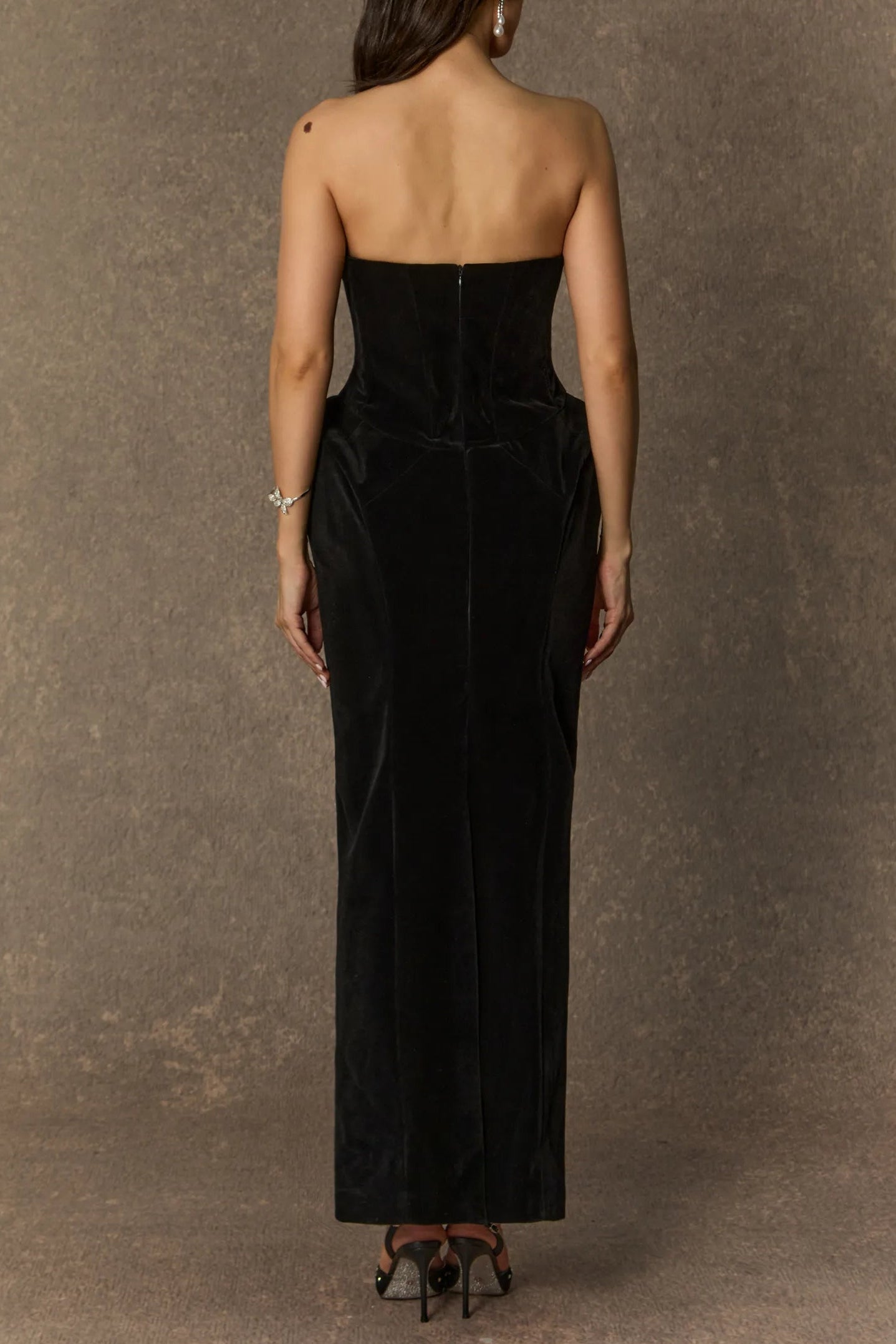 AMITY BLACK VELVET STRAPLESS MAXI DRESS