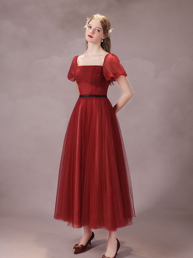 A-LINE BURGUNDY TULLE TEA PARTY DRESS