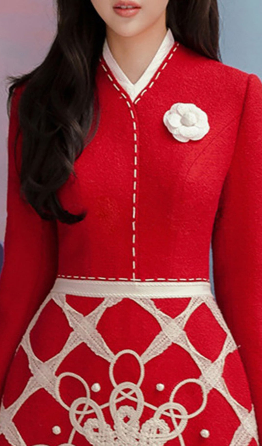 STAND COLLAR EMBROIDERY MINI DRESS, HIGH WAIST
