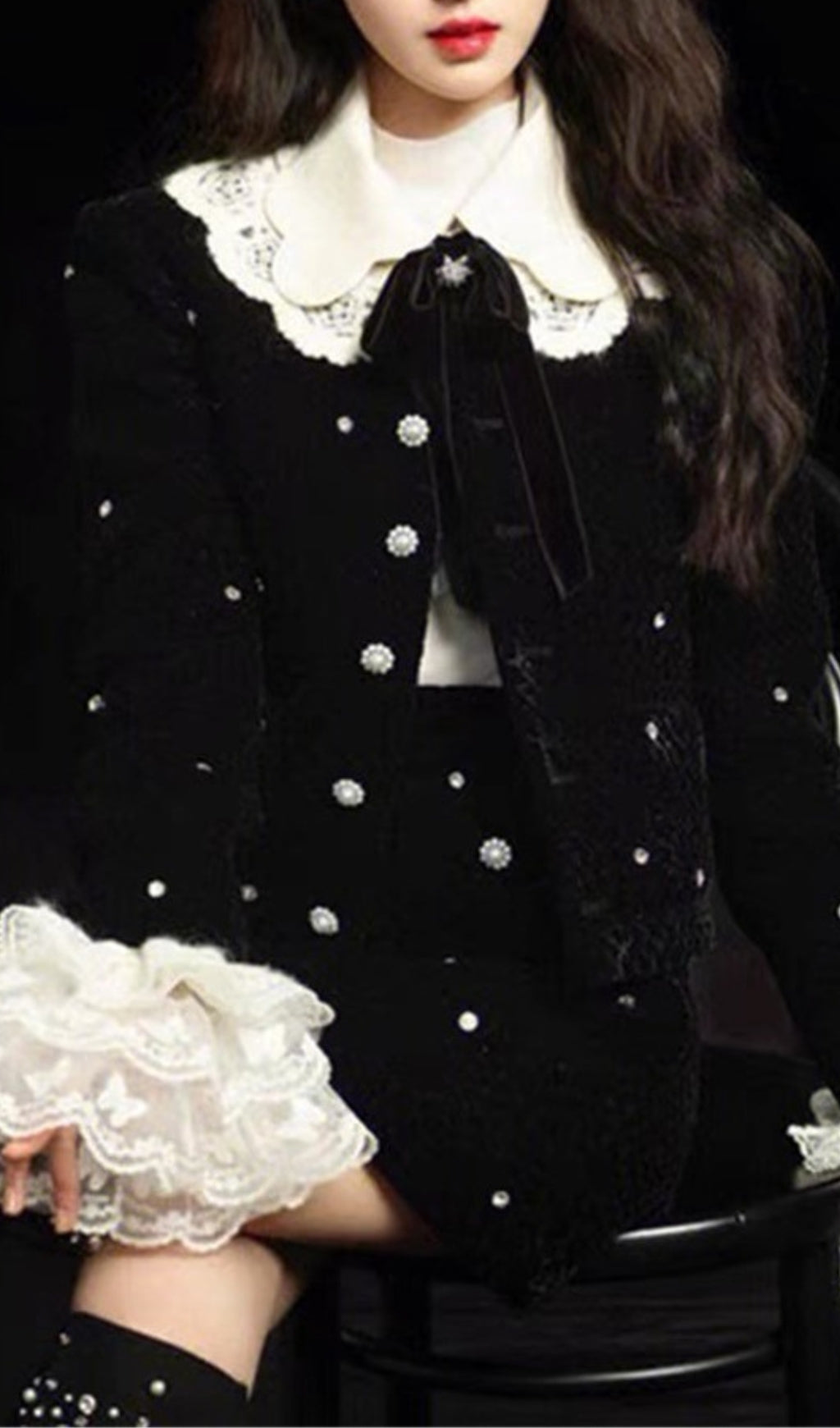 STARRY VELVET RHINESTONE LACE TRUMPET SLEEVE COAT SKIRT SUIT