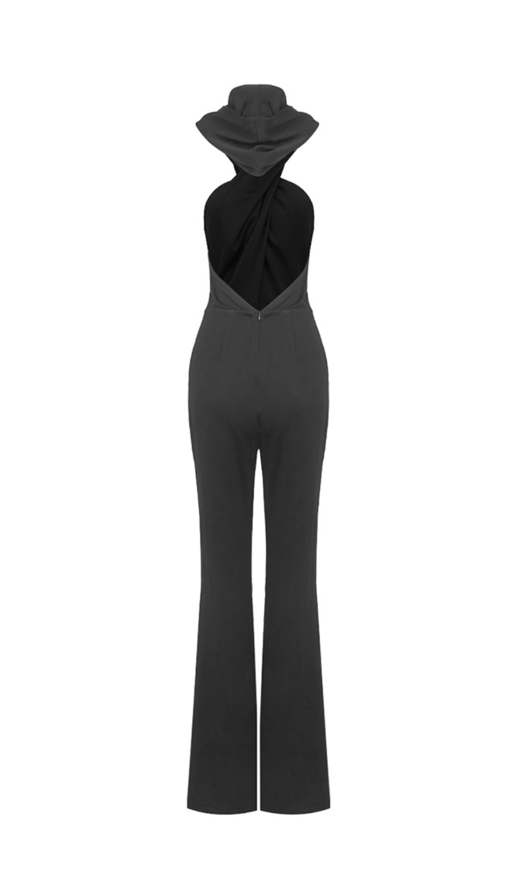 BLACK BACKLESS HOODED JUMPSUIT, NIGHT-OUT SLIP POCKET