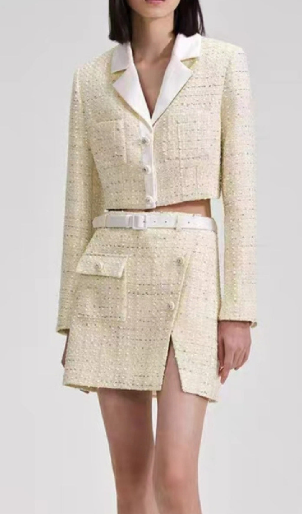YELLOW TWEED SKIRT SET SHORT COAT & SKIRT