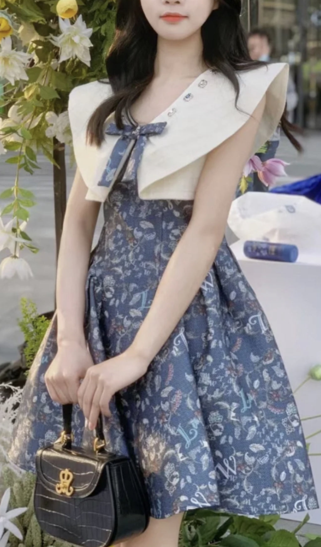 BLUE BOW SWEETHEART FLORAL MINI DRESS