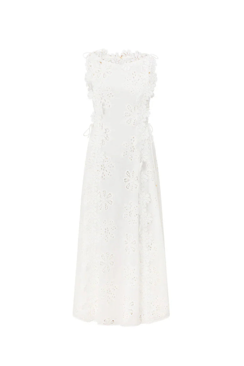 LACE MIDI DRESS: EMBROIDERED HOLLOW WHITE WEDDING