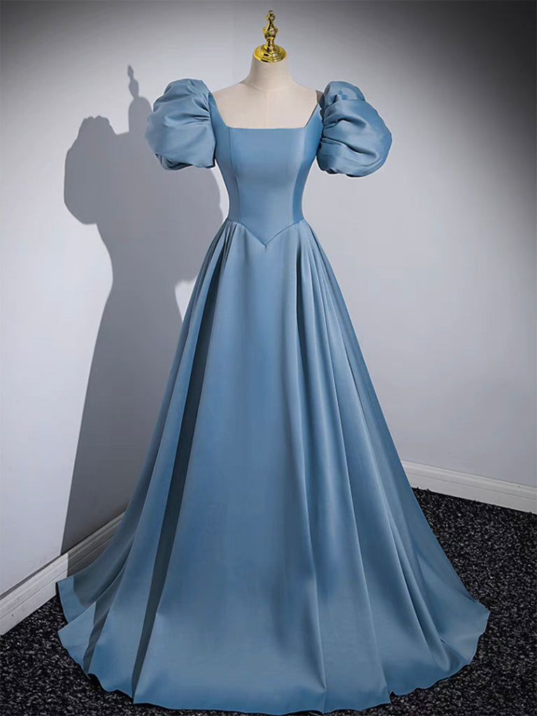 A-LINE SATIN BLUE LONG PROM GOWN
