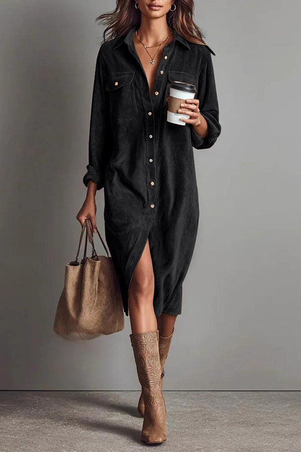 SOLID SINGLE-BREASTED SHIRT MIDI DRESS CASUAL
