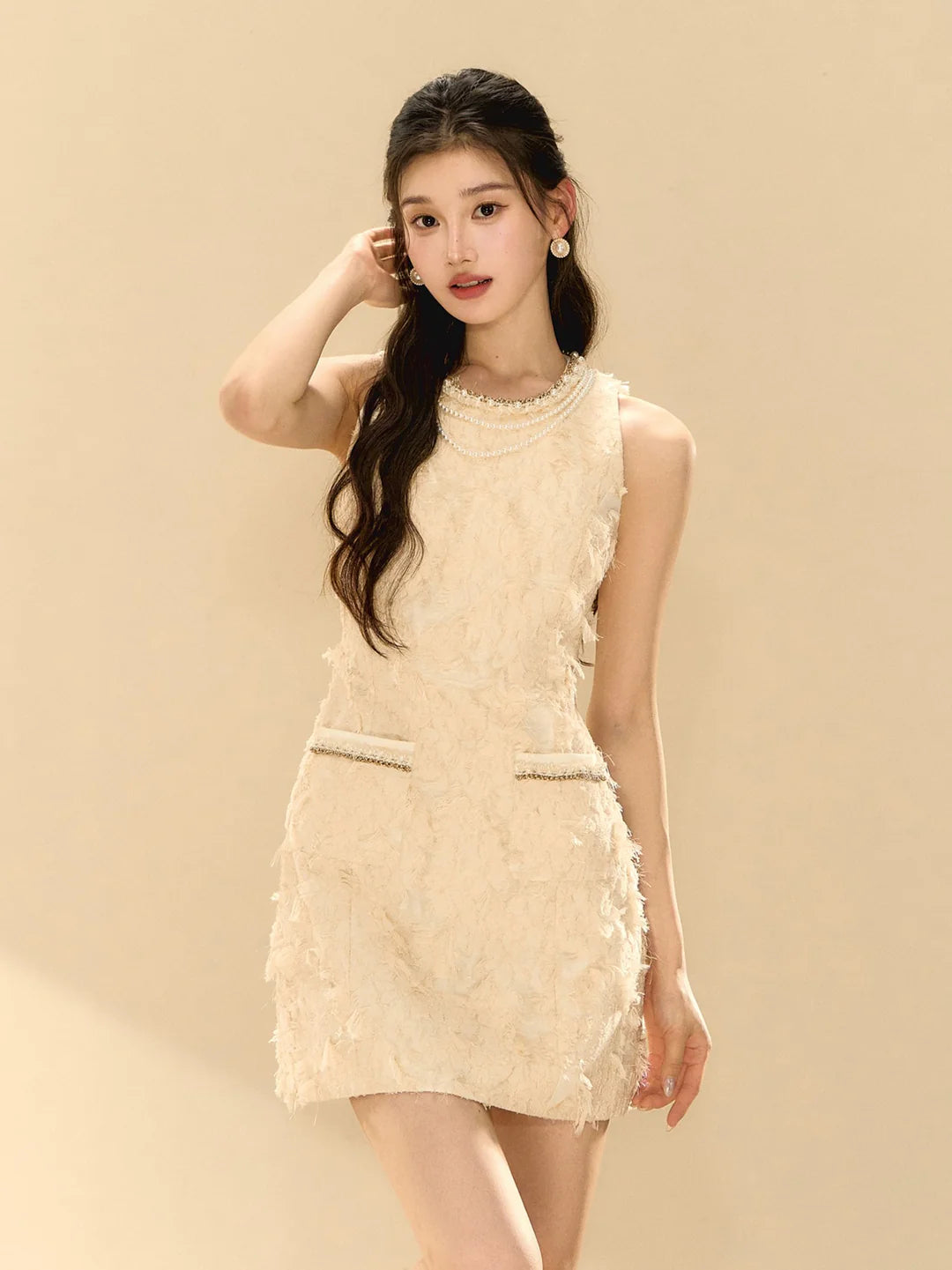 PANDORA FEATHER SLEEVELESS A-LINE MINI DRESS BEIGE