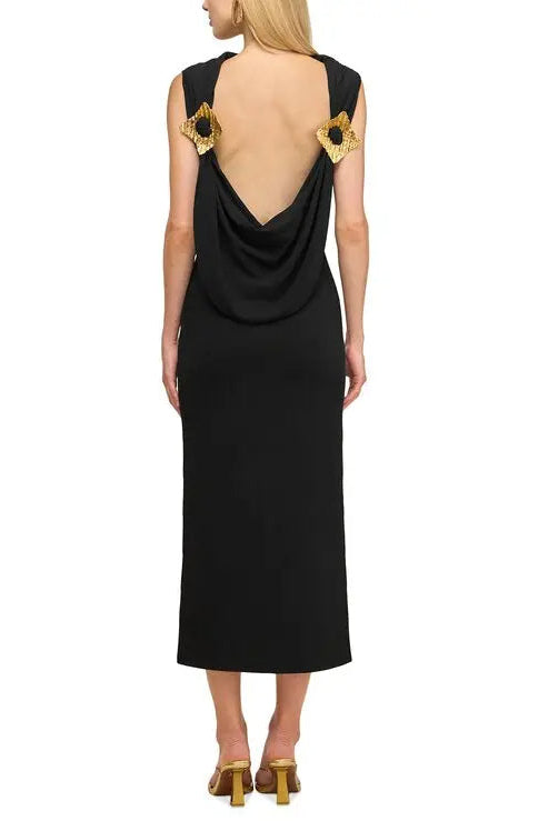 BLACK SLEEVELESS BACKLESS MIDI DRESS, GOLD PLEATED EMBELLISHMENTS