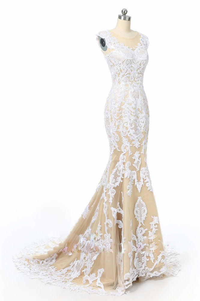CHAMPAGNE TULLE LACE A-LINE PROM GOWN