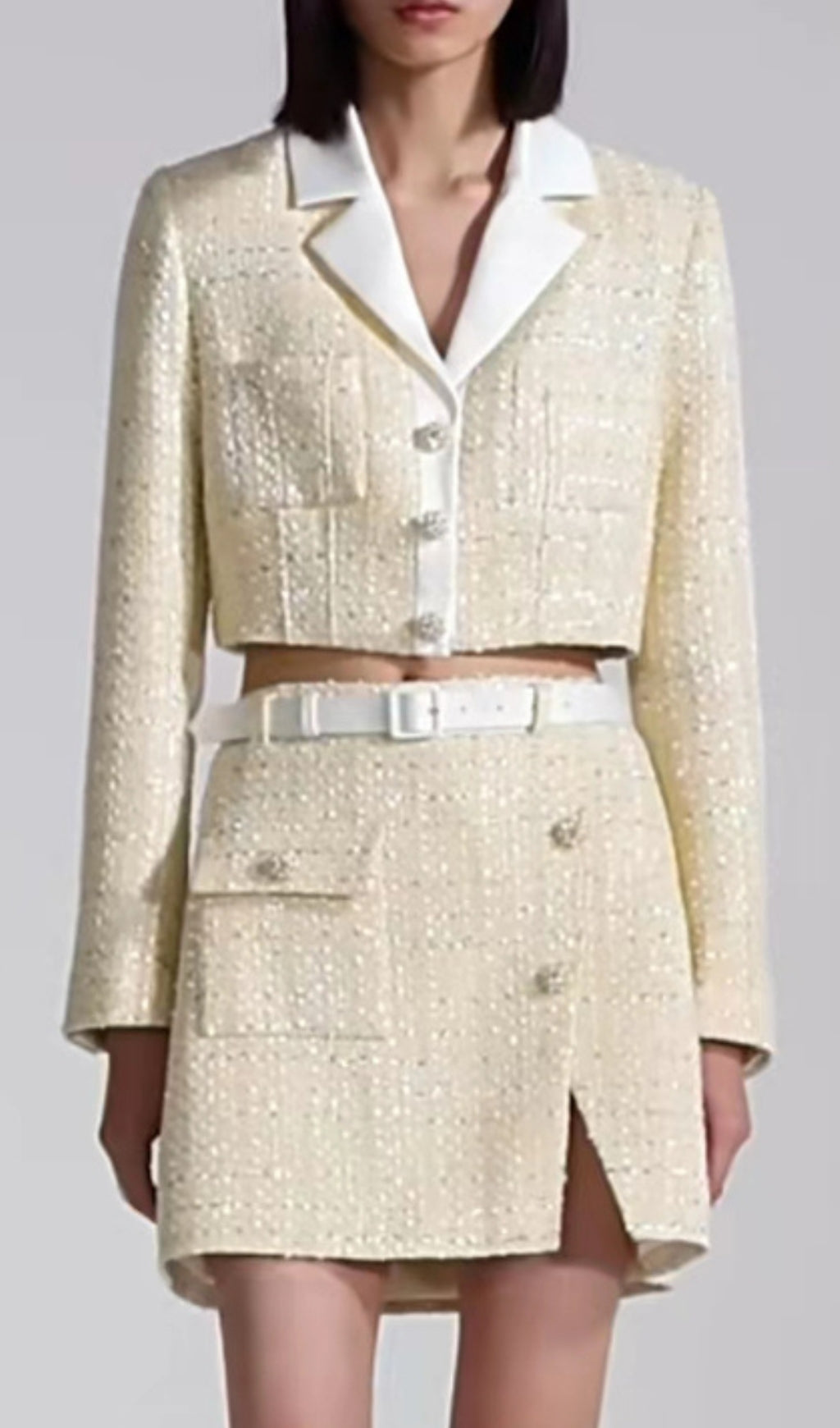 YELLOW TWEED SKIRT SET SHORT COAT & SKIRT