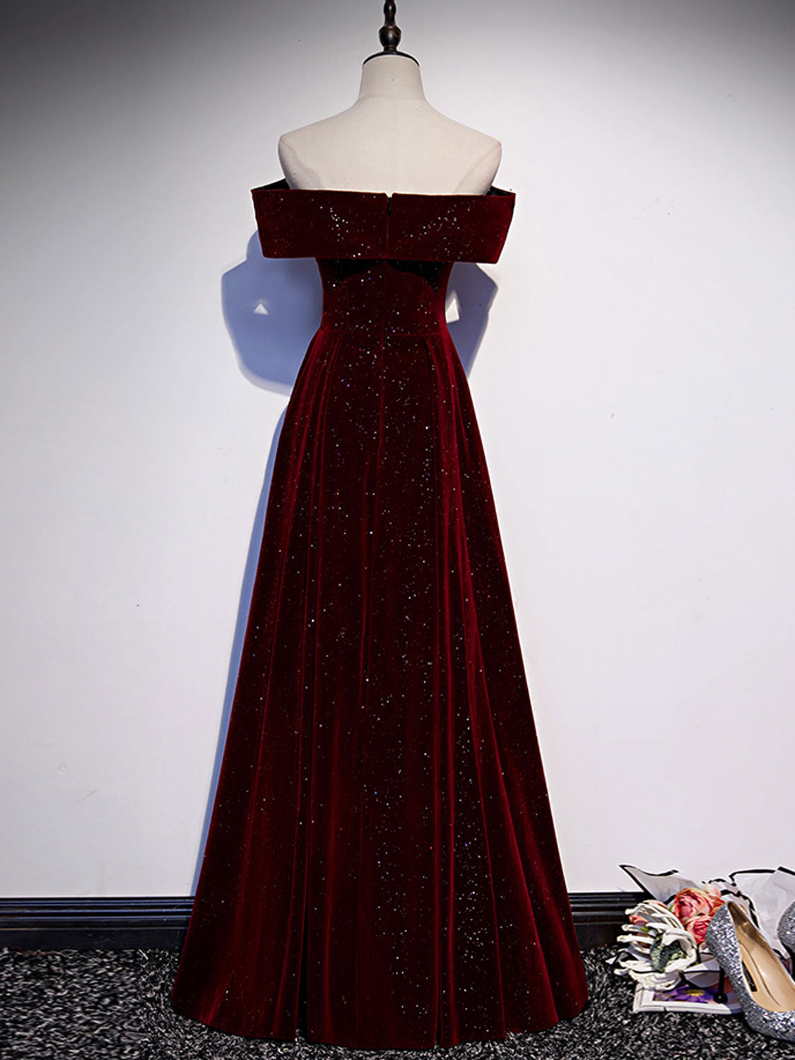 A-LINE OFF SHOULDER VELVET BURGUNDY PROM DRESS