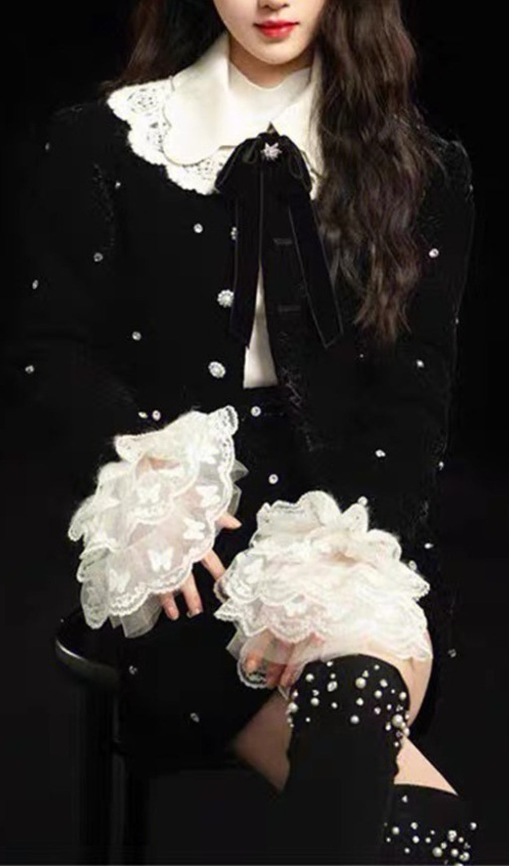 STARRY VELVET RHINESTONE LACE TRUMPET SLEEVE COAT SKIRT SUIT