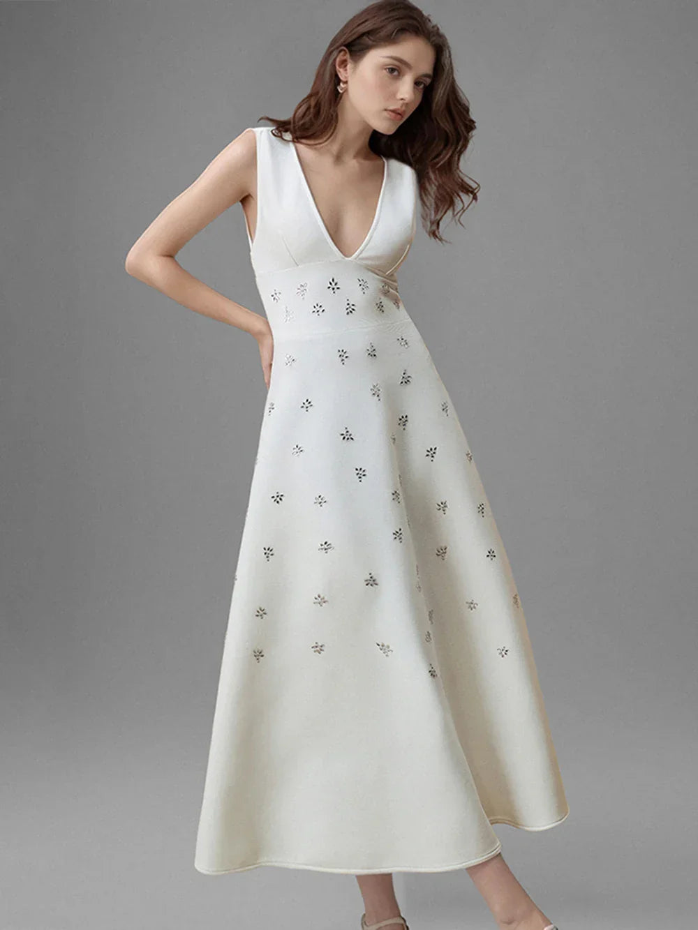 LILY WHITE V-NECK MIDI DRESS FOR WEDDING GUEST