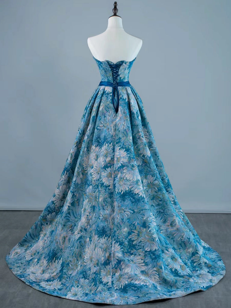 A-LINE BLUE SATIN LONG PROM DRESS