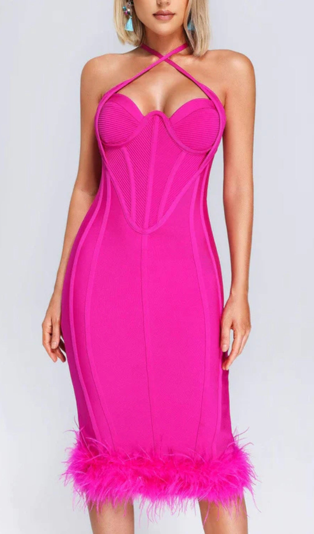 SEXY RED OSTRICH FEATHER HALTER BACKLESS PARTY DRESS