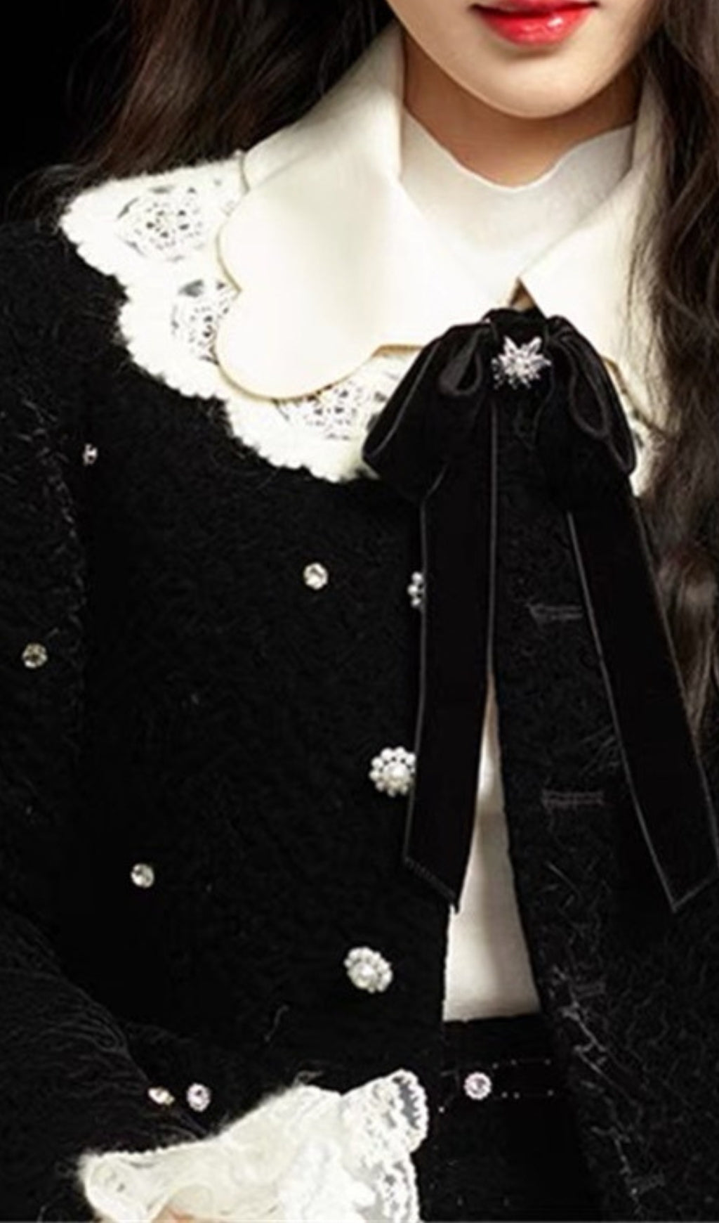 STARRY VELVET RHINESTONE LACE TRUMPET SLEEVE COAT SKIRT SUIT