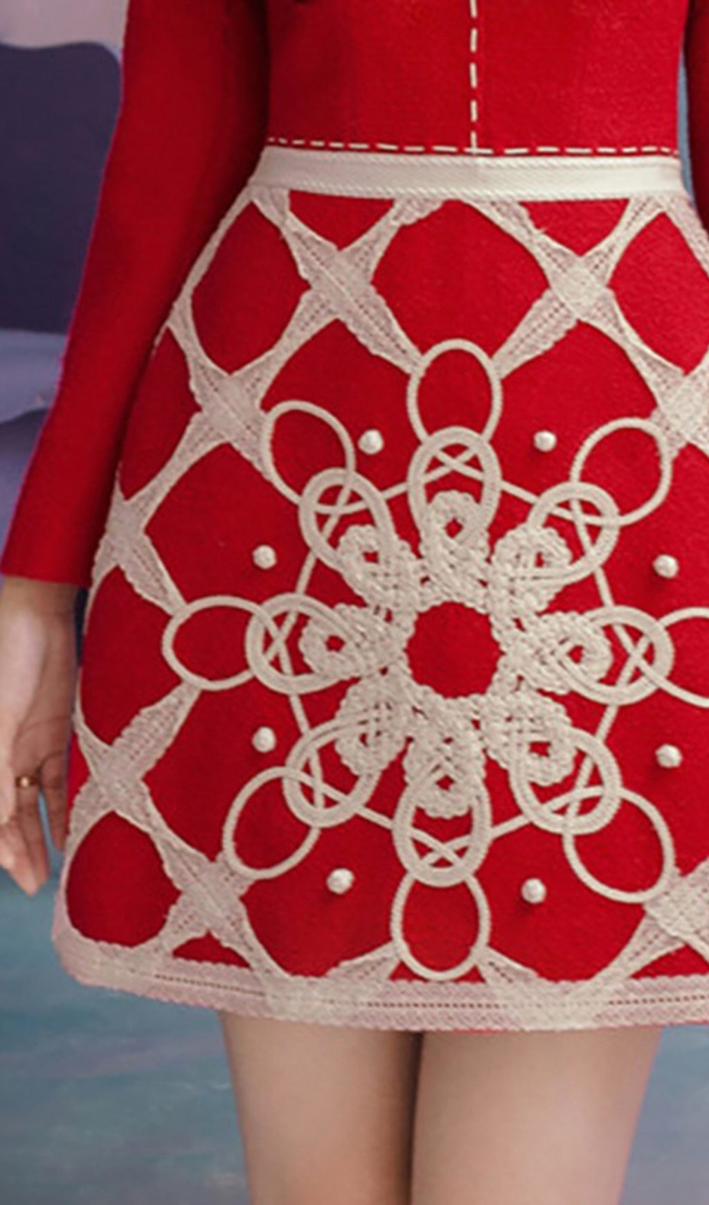 STAND COLLAR EMBROIDERY MINI DRESS, HIGH WAIST
