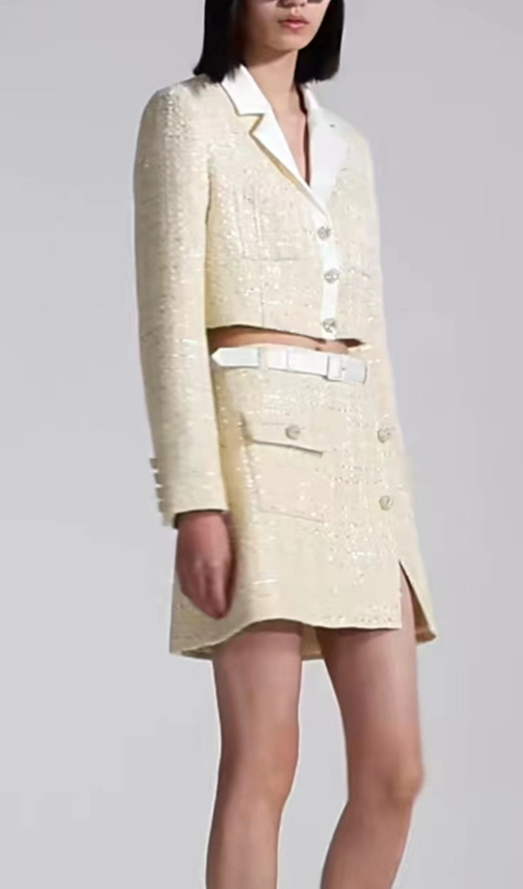 YELLOW TWEED SKIRT SET SHORT COAT & SKIRT