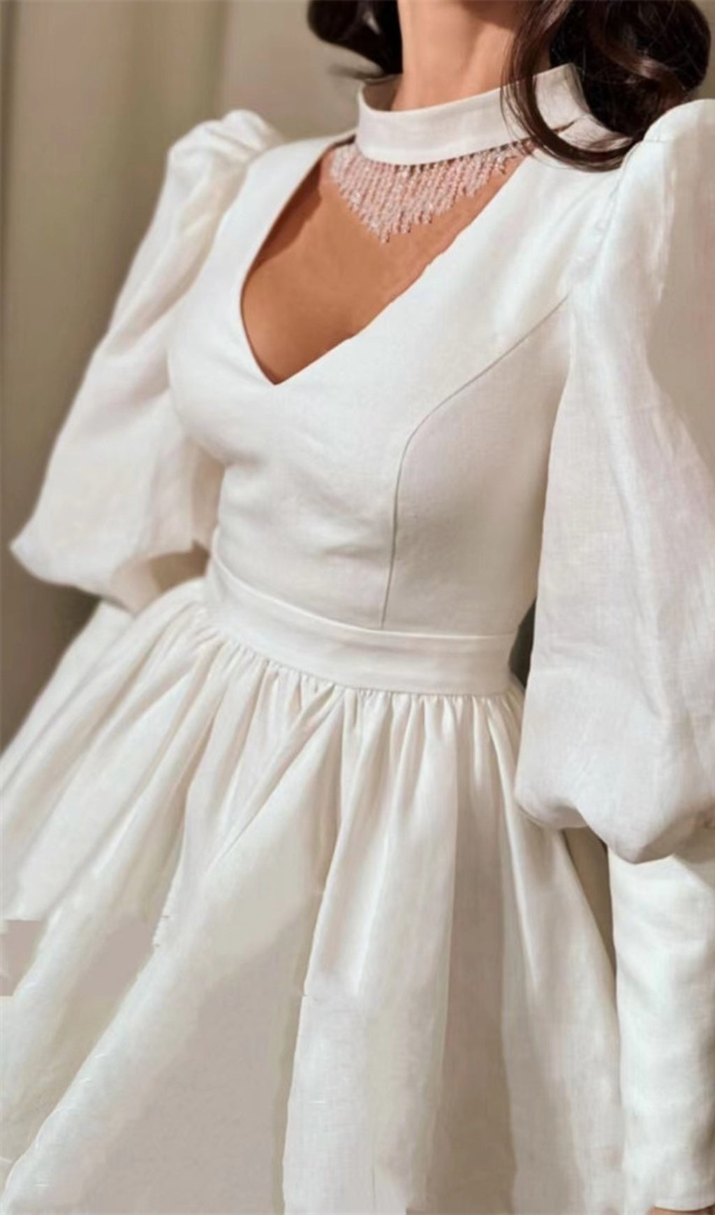 HALTER PUFF SLEEVE FRINGE MINI DRESS